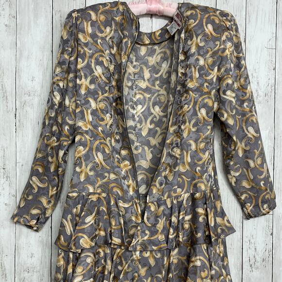 Maggy London Jeannene Booher Silk Long Sleeve Ruffle Fancy 80s Vintage Dress 10 - Picture 3 of 12